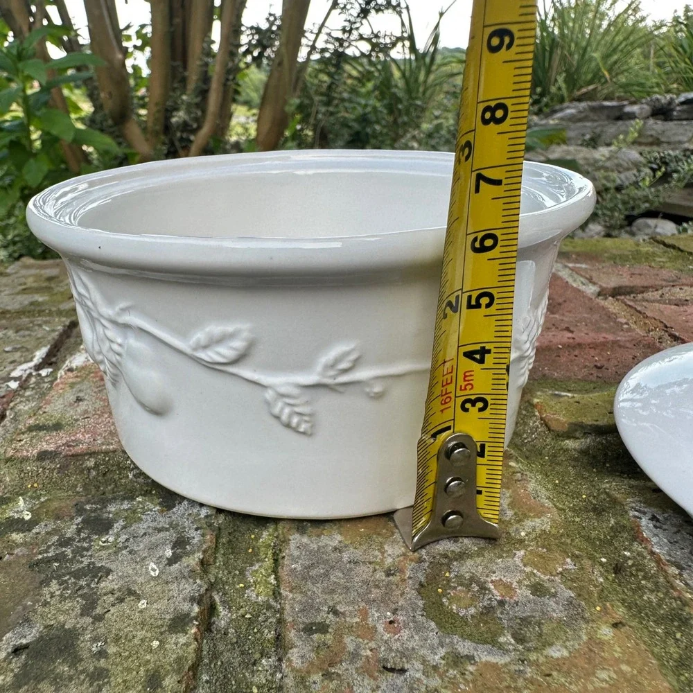 Lillian Vernon White Embossed Fruit Casserole Dish Pear Lid Cottagecore 5in